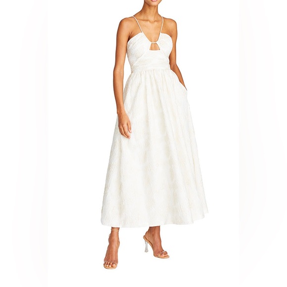 NWT MONIQUE LHUILLIER Spaghetti strap Metallic Jacquard Midi Dress - Ivory - Picture 5 of 16